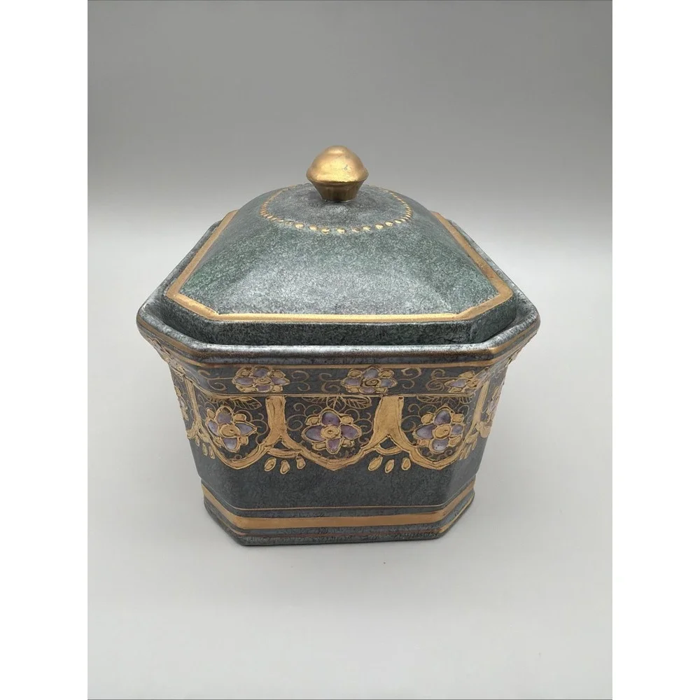 VTG Toyo Marbella HFP Macau Porcelain Floral Vanity Dresser Trinket Green Gold